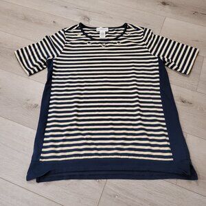 Womens Peck & Peck Striped Navy Blue Yellow Silver Outline Sz M Short Sleeve Top